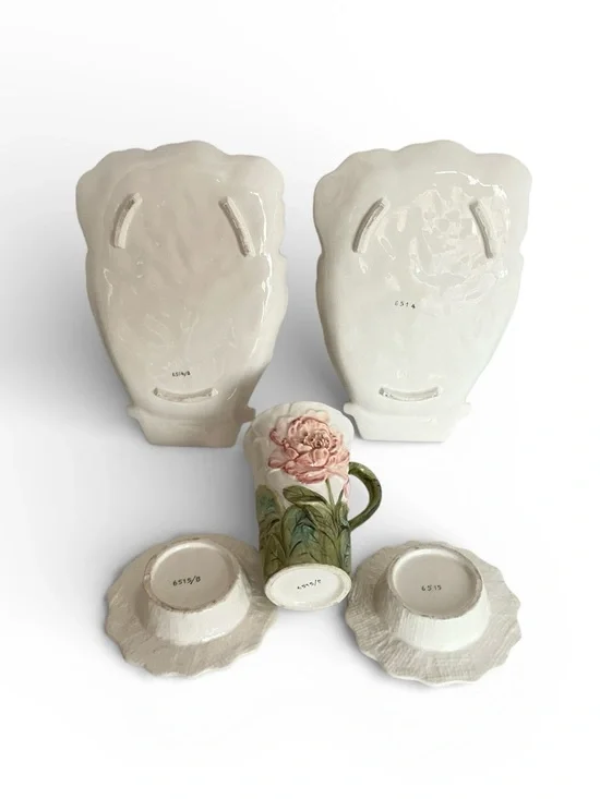 Lenwile Ardalt Majolica Pink Peony Floral Ceramic Mug and Saucer Set - Picture 2 of 7